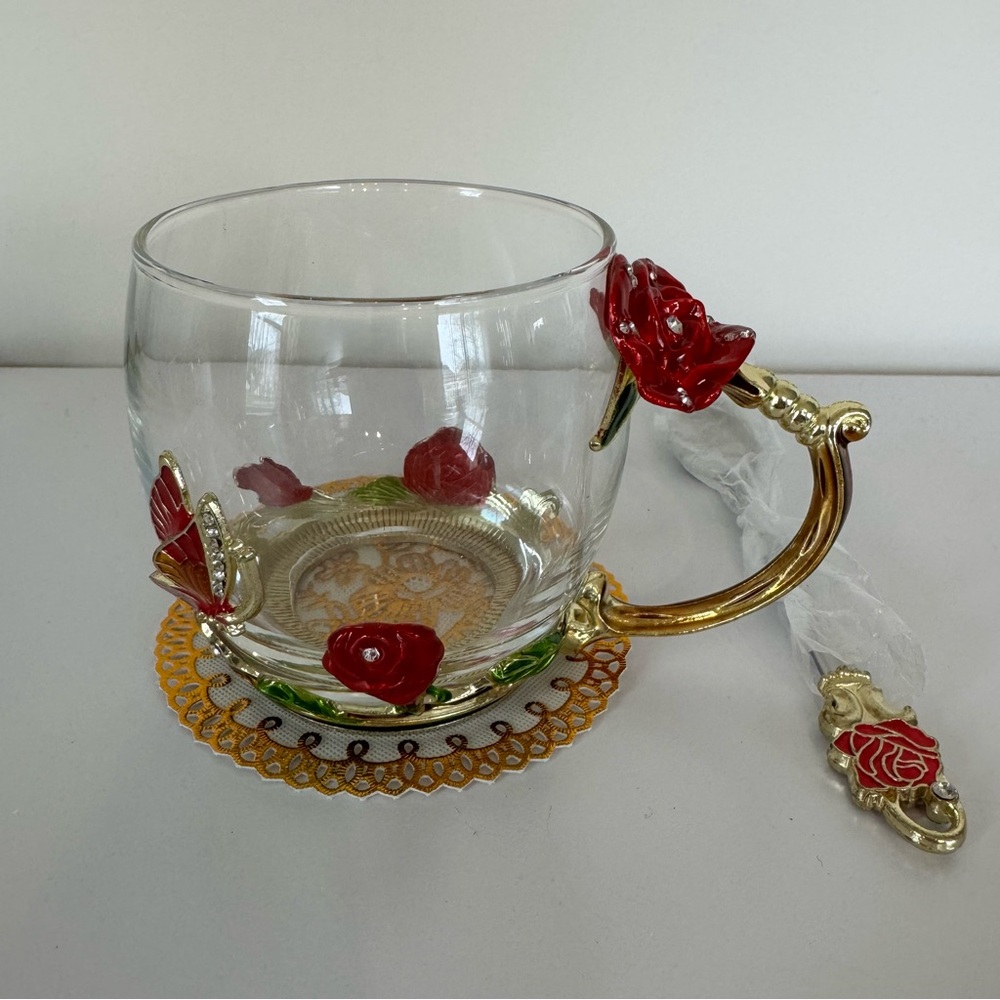 Rose and Butterly, Enamel, Glass Coffee/Tea Cup with Embellished Spoon